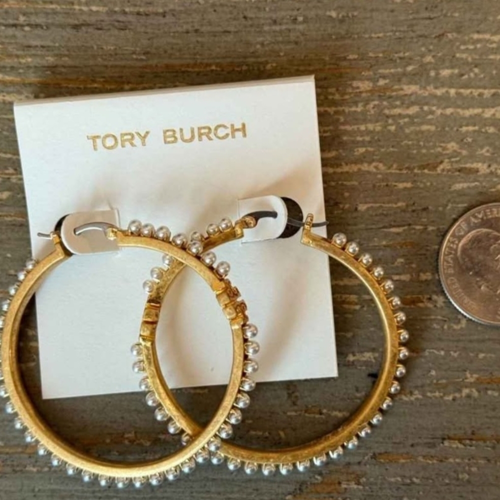 Tory Burch Gold and Silver Beaded Hoop Earrings